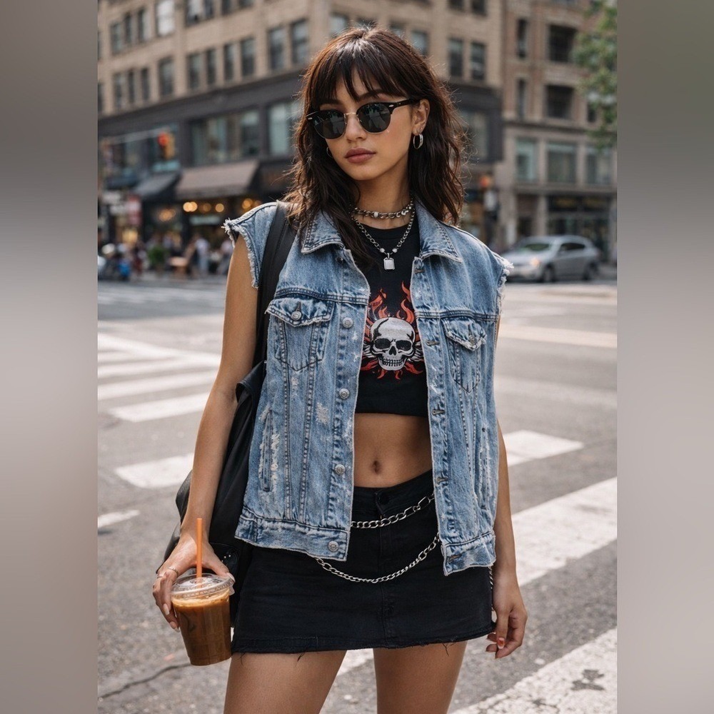 Ksubi Distressed Oversized Denim Vest XS/S Sleeveless Trucker Jacket NWOT